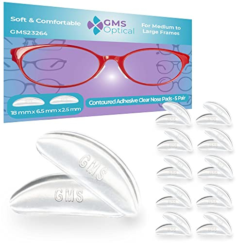 GMS Optical Adhesive Silicone Nose Pads for Glasses | 2.5mm Thick 18mm Large | Non Slip Glasses Grips for Sunglasses & Eyewear w/Super Sticky Backing, Anti Slip Eyeglasses Accessories (5 Pairs Clear)