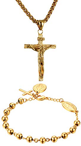 Cupimatch Herren Kreuz Kette Armband Set aus Edelstahl Halskette Ohrringe Set Gold Jesus Kreuz Anhänger Kette Schmuck Set Lederarmband Armkette Geschenk für Herren