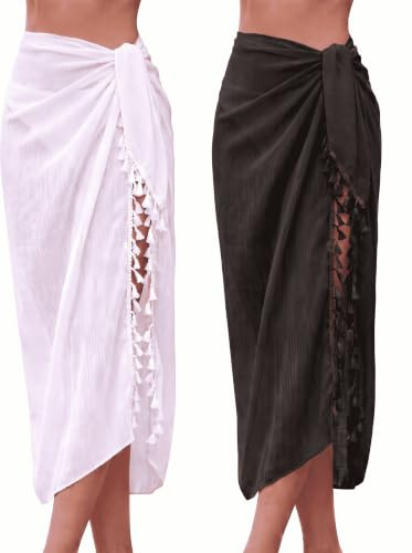 2 Copricostumi Parei da Spiaggia Sarong Lungo per Donna (Nero, Bianco, M)