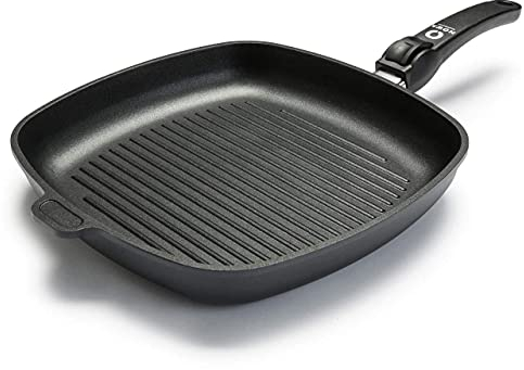 NOWA Aluguss Grillpfanne, LxBxH 28x28x4,5 cm, Abnehmbarer Griff, backofenfest bis 240 °C, Antihaft beschichtet, Induktion, Made in Germany, für alle Herdarten, PFOA frei