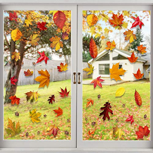 VEYLIN Autumn Window Decorations, 6 Sheet Maple Leaves Static Clings Stickers for Wedding Party Supplies
