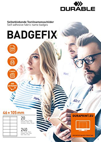 Durable Selbstklebe-Namensschild Badgefix, 46 x 105 mm, weiß, 240 Stück, 836302 | Namensschild-Aufkleber aus Acetatseide, 46 x 105 mm, für Laser & Kopierer, A4-Bögen, weiss bedruckbar