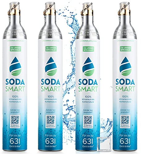 SodaSmart 4X Premium CO2 Zylinder für SodaStream Crystal 2.0, Easy, Aarke uvw. Wassersprudler | Gefüllt mit 425g Kohlensäure +25g extra für mehr als 60l | Kohlendioxid-Zylinder als Reservepack