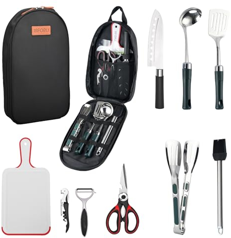 Camping Accessories Set,ISFORU 10PCS Camping Kitchen Cookware Utensil Organizer Travel Kit with Peeler, Cutting Board, Bottle Opener and Water Resistant Case for Outdoor Hiking Picnic and Trekking