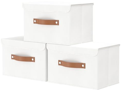 OUTBROS 3 Set Aufbewahrungsbox mit Deckel Stoff, Boxen 38x25x25 cm, Weiß | Dekorative Aufbewahrungsboxen mit Griff, Kisten Aufbewahrung, Schrank Organizer Kleiderschrank, für Kleidung
