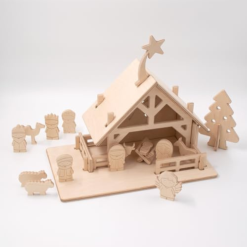 Lovelties Weihnachtskrippe Holz – Handgemachtes Krippenset mit 12 Figuren | Moderne Holzkrippe für Kinder & Erwachsene | Nachhaltige Weihnachtsdeko aus Europa