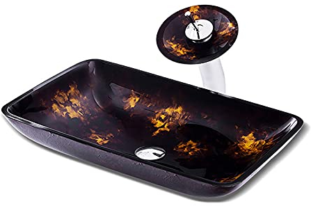 SHUGUANG Lavandino in Vetro Temperato, Lavabo da Appoggio ​in Vetro Temperato Artistico Lavabo da Appoggio Nero e Oro Lavabo da Bagno con Set di Scarico dell'Acqua, Rubinetto Cascata,Rectangular