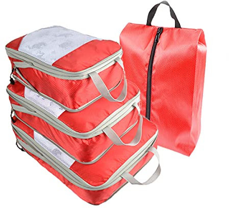 MisFox 4-teilig Packwürfel Set mit Kompression Packing Cubes Schuhbeutel Reise Tasche Kleidertaschen Kofferorganizer Wasserabweisend Gepäck Organizer für Koffer und Rucksack Rot