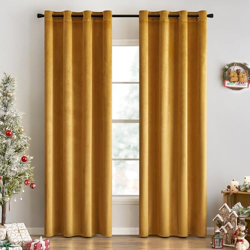 EMEMA 2 Stück Verdunklungsvorhang Samtvorhänge Blickdicht Vorhang mit Ösen Thermogardine Ösenvorhang Verdunkelungsgardinen für Schlafzimmer Wohnzimmer, 140 x 245 cm(B x H) Orange