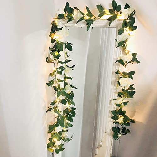 Rose Fee String-Lichter Künstliche Blume Girlande mit LED Kupfer Draht Licht-Saiten,Rose Rebe Lichter Dekor für Weihnachten Hochzeitsblumensträuße-Party-Hauptfenster (Batteriebetrieben, Weiß)