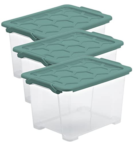 Rotho Evo Safe Aufbewahrungsbox mit Deckel 3er-Set 15 L transparent Grün | Aufbewahrungsboxen, stapelbar und platzsparend, transparent mit grünem Deckel, lebensmittelecht, pflegeleicht im 3er-Set