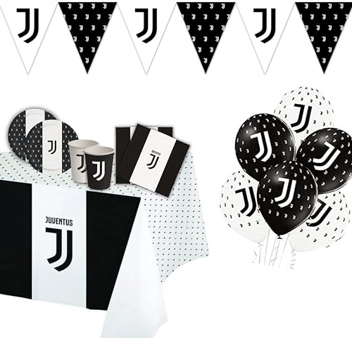 Kit per Festa di Compleanno a tema Juventus Set per Decorazioni Calcio Bianconero da tavola Addobbi per 8 Persone (1 Tovaglia - 12 Palloncini - 8 Piatti - 8 Bicchieri - 20 Tovaglioli - 12 Bandierine)