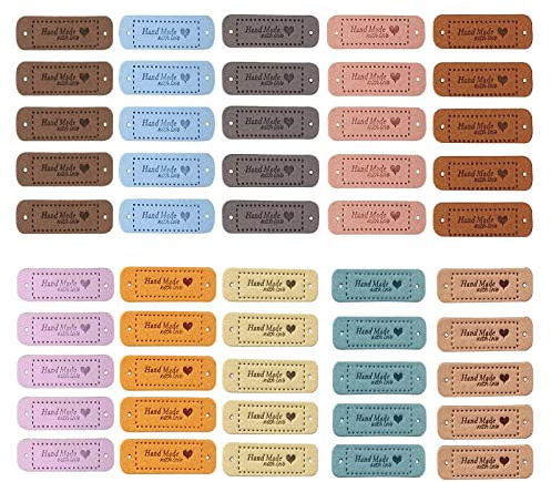 BuxiuGK 50 Pcs Leather Tag Labels Embossed Tags with Holes Microfiber Colorful Handmade with Love Heart for Garment DIY Handmade Jeans Bags Hats Shoes Tag