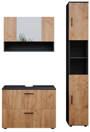 Vicco Badmöbel-Set Irma, Goldkraft Eiche/Anthrazit, 80 cm | besteht aus Waschbeckenunterschrank, Spiegelschrank und Hochschrank