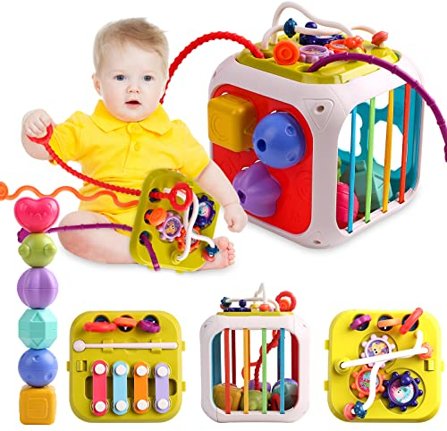 Kqpoinw Motorikwürfel,Montessori Spielzeug,7-in-1 Aktivitätswürfel,Baby Motorikspielzeug Spielzeug,Multisensorischen Formen Stapelbrett für ab 18 Monaten Jungen Mädchen