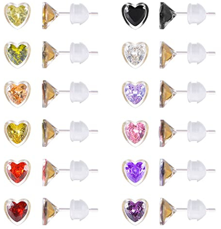 12 pares de aretes de plástico para orejas sensibles, aretes de tuerca de plástico con forma de corazón de estrella, circonita cúbica y circonita cúbica para mujer, 3 mm, 4 mm, 5 mm