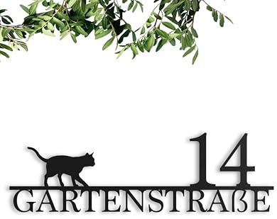 Steelmonks Straßenschild mit Hausnummer. Metall Adressschild und Plakette als Haustürschild oder Einweihungsgeschenk (Straßenschild mit Katze)