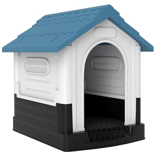 PawHut Dog Kennel for Outside, Plastic Dog House, Water-Resistant Pet Shelter with Windows, for Garden Patio, Miniature Dogs, 64.5 x 57 x 66cm - Blue