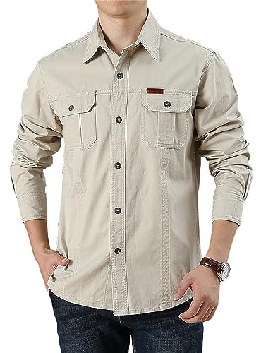 Hommes à Manches Longues Militaire Boutonné Cargo Chemise Coton Tactique Formation Randonnée Travail Lot de Chemises Veste en Jean Homme Longue Blouson Séchage Pas Cher Eté (Beige,L,L)