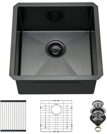 EcoChannels Undermount Kitchen Sink, 18 x 18 x 10 Inch Single Bowl Undermount Small Bar Sink 16 Gauge T-304 Stainless Steel Gunmetal Black Kitchen Sinks