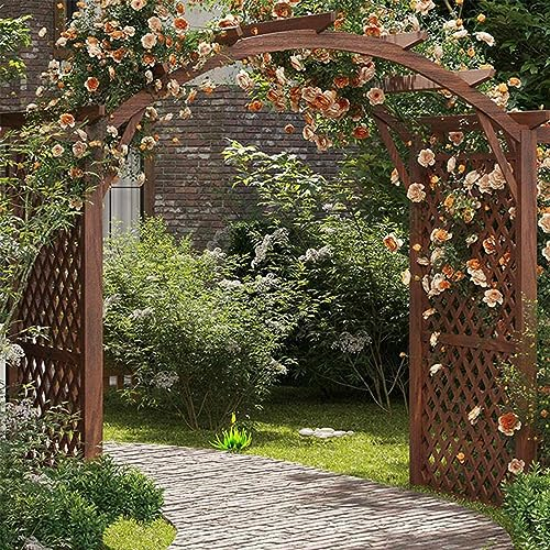 MELPHI Hölzerner Gartenbogen mit Tor, Hölzernes Gartenspalier, Gartenbau-Gartenbogenlaube Zum Klettern, Pflanzen, Pflanzenständer Im Gartenhof Im Freien (Color : Carbonized Color)