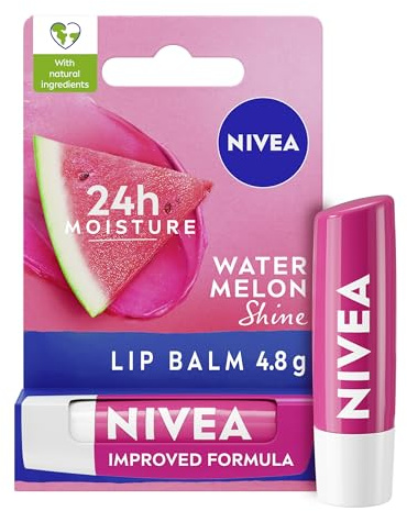 NIVEA Watermelon Shine Lip Balm (4.8g), Flavoured Lip Balm with Shea Butter, Natural Oils and Vitamins, Provides 24h Moisture and a Pink Shine, Vegan Lip Care Formula