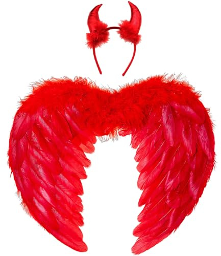 Winwild Ali d'Angelo Rosso con Le Corna del Diavolo Amore Ali d'Angelo Bambini Angelo Costume Ali di Piume Angelo Scuro Costume Bambini Halloween Carnevale Cosplay Accessori (45CM×35CM)