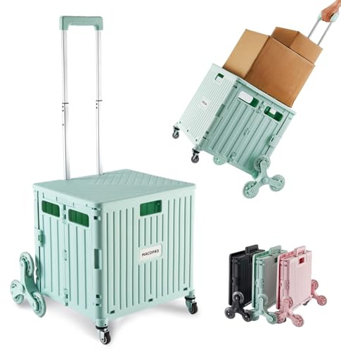 MACOPRO Foldable Utility Cart with Stair Climbing Wheels, Collapsible Rolling Crate with Telescoping Handle, Shopping Trolle Handcart Grocery Book File Tool Art Supplies Teacher Storage Basket(Green)