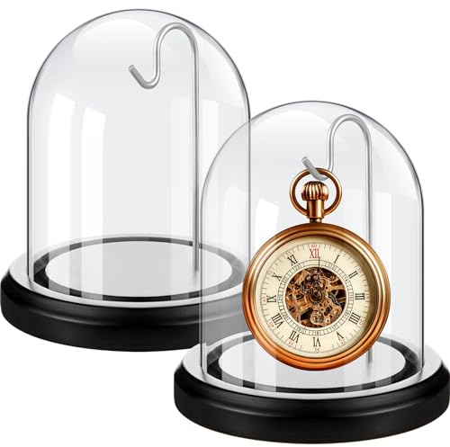 Beeveer 2 Pcs Pocket Watch Glass Display with Hooks Dome Cloche with Wood Base Decorative Glass Display Dome Showcase for Watch Plants Medals Photos Collectibles Dark MDF Base(3 X 4,Silver Hook)