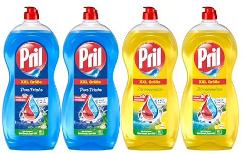 Pril Original Pure Frische (2x 1,2l) + Pril Original Zitronenmelisse (2x 1,2l), Handgeschirrspülmittel mit höchster Fettlösekraft, für sauberes Geschirr auch in kaltem Wasser