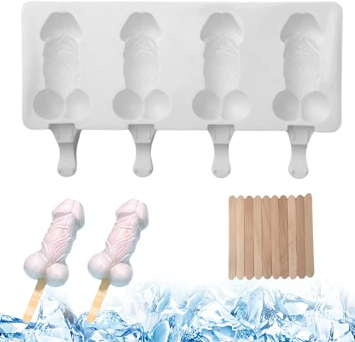 Penis-Kuchenform Silikon-Eis am Stielformen, 4 Hohlräume Penis-Eis am Stiel mit Stöcken, kalt/hitzebeständige Eisformen, nicht sticke wiederverwendbare DIY-Eis-Pop-Formen für Kuchenschokolade