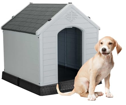 AQPET Caseta para Perros de Plástico para Exterior Interior Casa Jardín, Impermeable con Piso Elevado, para Perros de Talla Media 87 x 78 x 81 H, Gris
