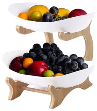 2 Tier Fruit Bowl Stand, 2 Sizes Plastic Fruit Bowl and Bamboo Stand Keeps Fruits & Veg Fresh, Large Capacity Fruit Baskets for Kitchens, Parties, Weddings for Veg, Snacks, Dessert (White 2 Layer)