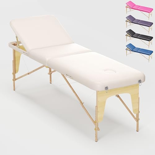 Beltom® Lettino Da Massaggio Basic 3 Zone In Legno Portatile Pesa Solo 14,3 Kg Richiudibile + Pannello Reiki + Angoli Arrotondati E Rinforzati - Fisioterapia Estetista Tattoo Tatuaggi - Panna
