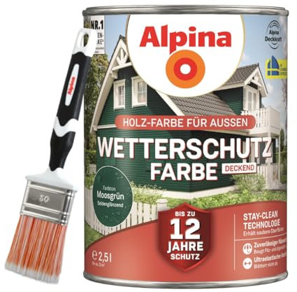 Alpina Holz-Wetterschutz-Farben inkl. Pinsel 50 mm - Moosgrün, deckend - bis zu 12 Jahre Schutz vor Witterung und Nässe – schmutzabweisend, deckend & ergiebig – 2,5 L