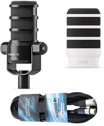 Rode Podmic USB XLR Podcast Sprecher-Mikrofon + WS14W Deluxe Popschutz Weiss+ keepdrum XLR-Kabel