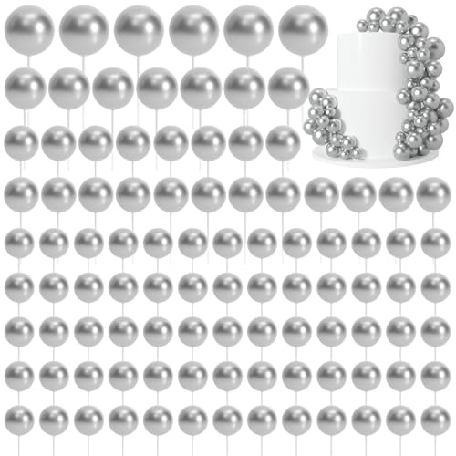 Morcheiong 114 Pcs Cake Balls Decorations Balloon Cake Topper Insert Topper Foam Cake Topper Balls Cake Picks for Birthday Party Wedding Anniversary (Silver)