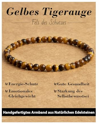 Landorilo Bracciale di Pietre Naturali Rotonde da 4 mm, Braccialetti Yoga Elastico per Uomo e Donne, Bracciali Portafortuna con Perline di Ricambio, Regali di Gioielli(R Occhio di tigre giallo)