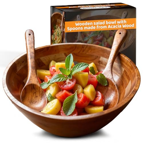 SHALIN INDIA - Cuenco de madera de acacia para mezclar con 2 cucharas para servir, 12.5 pulgadas, tazón grande de madera para cocina, juego de cuencos rústicos para ensalada, utensilios de madera para