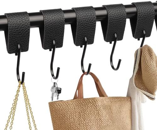 XIAOCHUAN S-Haken, 6 Stück Kleiderhaken aus Leder und Edelstahl, Garderobenhaken Schwarz, Metallhaken zum Einhängen, Multifunktionaler S-Haken Geeignet Für Schlafzimmer, Kleiderschränke, Küchen