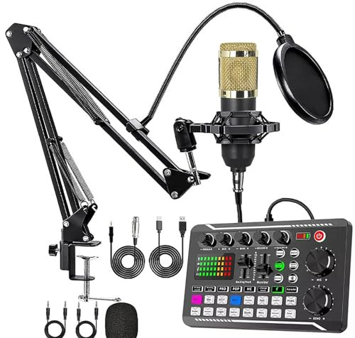 Tarjeta de Sonido en Vivo con Efectos de Mezclador y Cambiador de Voz, F998 Mesa de Mezcla de Audio, Tarjeta de Sonido Profesional con Luces LED, Múltiples Efectos de Sonido,Gold