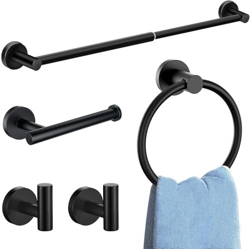 MGahyi Lot de 5 accessoires de salle de bain, en acier inoxydable, porte-serviettes extensibles pour salle de bain, porte-serviettes mural pour salle de bain, peignoir, porte-papier toilette, anneau