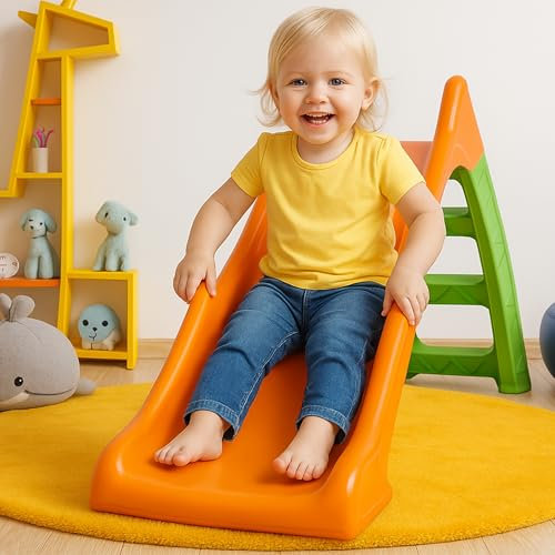 ONBEST Kinderrutsche für Kinder – Kleinkind Rutsche mit Wasseranschluss – Indoor und Outdoor Spielzeug – 120 cm Rutschbahn orange – Babyrutsche ab 10 Monaten