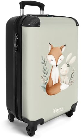 NoBoringSuitcases.com® Handgepäck Koffer Kinder 55x35x20 cm Reisekoffer Kinderkoffer 4 Rollen Leicht Cabin Kindertrolley Reise Hartschalenkoffer Fuchs - Kaninchen - Blätter - Grün