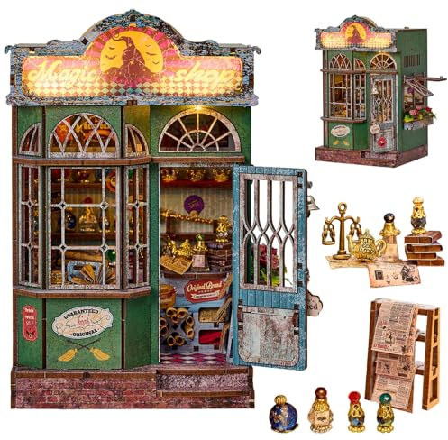 OurMiao Book Nook Kit – Magic Shop DIY Miniature House with LED Lights, 3D Wooden Puzzle for Adults, Teens & Beginners – Bookshelf Decor Gift for Book Lovers & Families