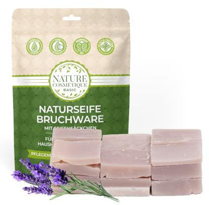 Nature Cosmétique® Basic Naturseife Bruchseife LAVENDEL mit Seifensäckchen – Bio Seife fest – Sanfte Hand- & Körperpflege für empfindliche Haut – natürliche Geschenkidee – handgemacht, vegan