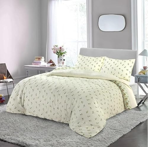 Bella Nights Rosebud Flannelette Duvet Cover Set – 100% Brushed Cotton Floral Thermal Flannel Bedding Set Soft & Warm Cozy Quilt Cover With Pillowcases (Natural, King)