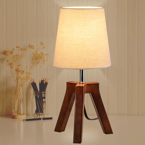 Dreamholder Holz Nachttischlampe, Tripod Schreibtischlampe mit Ein-Aus-Schalter, Nachttischlampe mit Stoffabdeckung zum Lesen, Schlafzimmer, Wohnzimmer, Büro, Walnussholz-Basis mit Leinenabdeckung