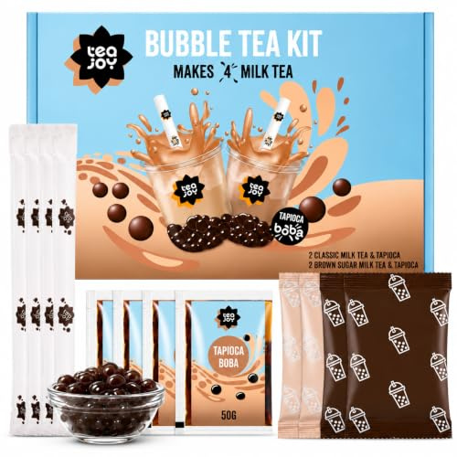 TeaJoy Bubble Tea Kit Classic & Brown Sugar (Makes 4 Drinks) | Milk Tea & Brown Sugar Tea Powders with Instant Tapioca Pearls | Just Add Milk & Ice | Vegan & Dairy-Free | Boba Straw & Cup