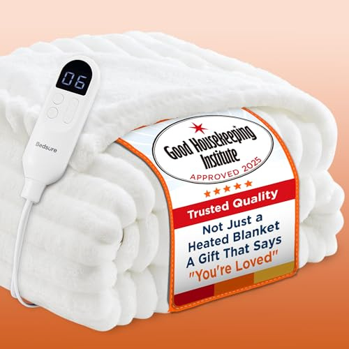 Bedsure Electric Blanket Heated Throw - Chunky Ribbed, 130x160cm, Cream | Chunky ribbed flannel with 6 heat settings and 10-hour timer with overheat protection